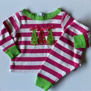 Mudpie Christmas Outfit Size 0 6 Months Shirt Pants Pink Stripes Trees Holiday